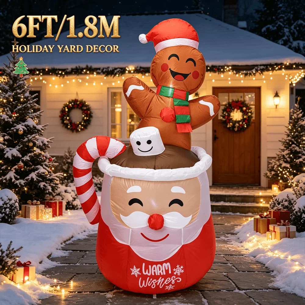 6FT Christmas Inflatable Toy LED Light Santa Hot Cocoa Mug with Gingerbread Man Yard Outdoor Lawn Xmas Holiday Party Decoration