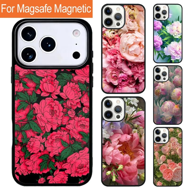 Custodia Magnetica Wireless Morbida con Peonie e Fiori Bellissimi per iPhone 17 Pro 16 15 13 12 11 Pro Max Air 14 Plus Cover Magsafe