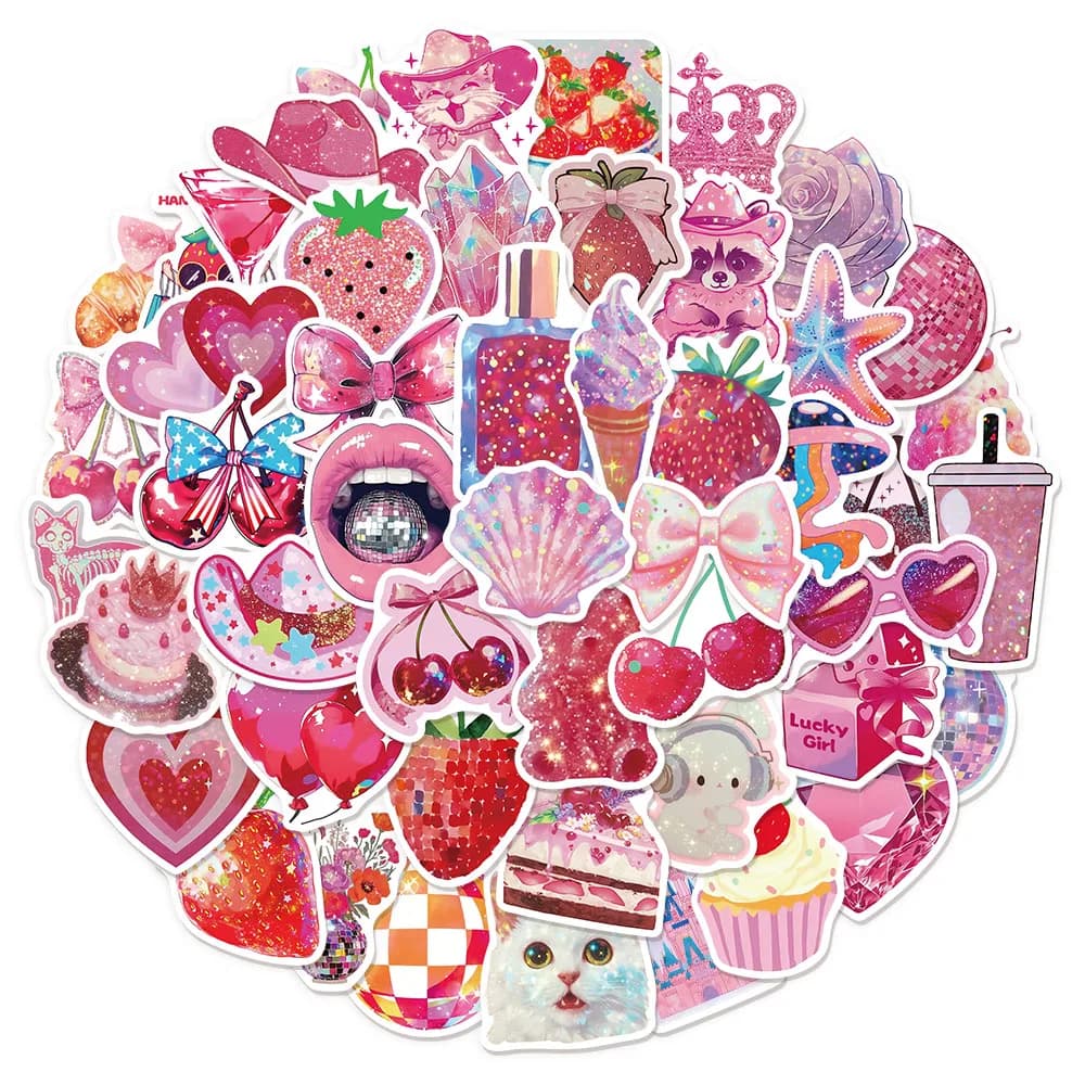 50 adesivi divertenti scintillanti serie rosa rosa, bagagli fai da te, notebook, tazza d'acqua, etichetta per altoparlante, adesivi impermeabili