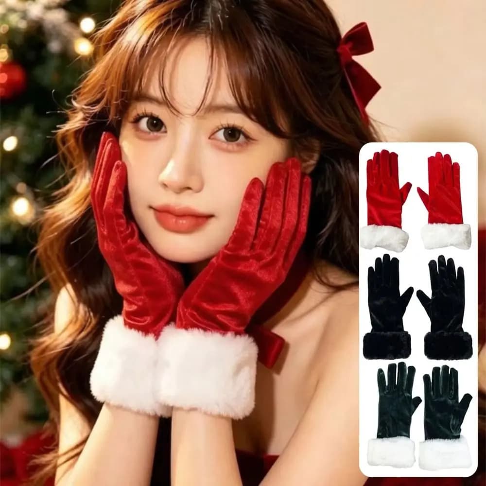 Thickened Christmas Gloves Red Velvet White Fur Trim Full Finger Gloves Warm Comfortable To Wear Velvet Mittens