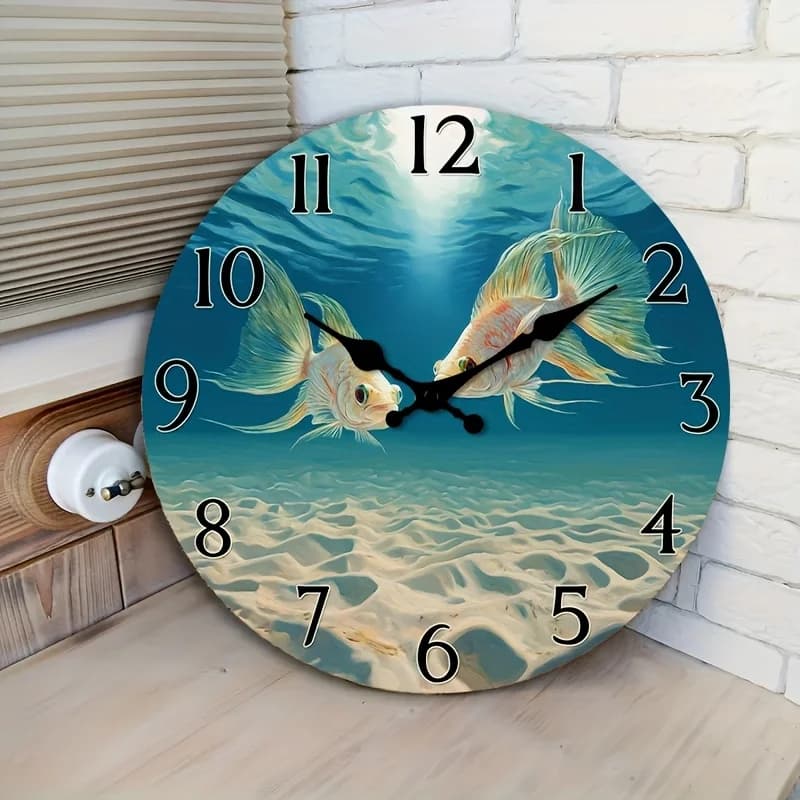 Orologio da Parete Silenzioso in Legno, Decorativo Circolare con Design a Pesci Subacquei per Sala da Pranzo, Corridoio