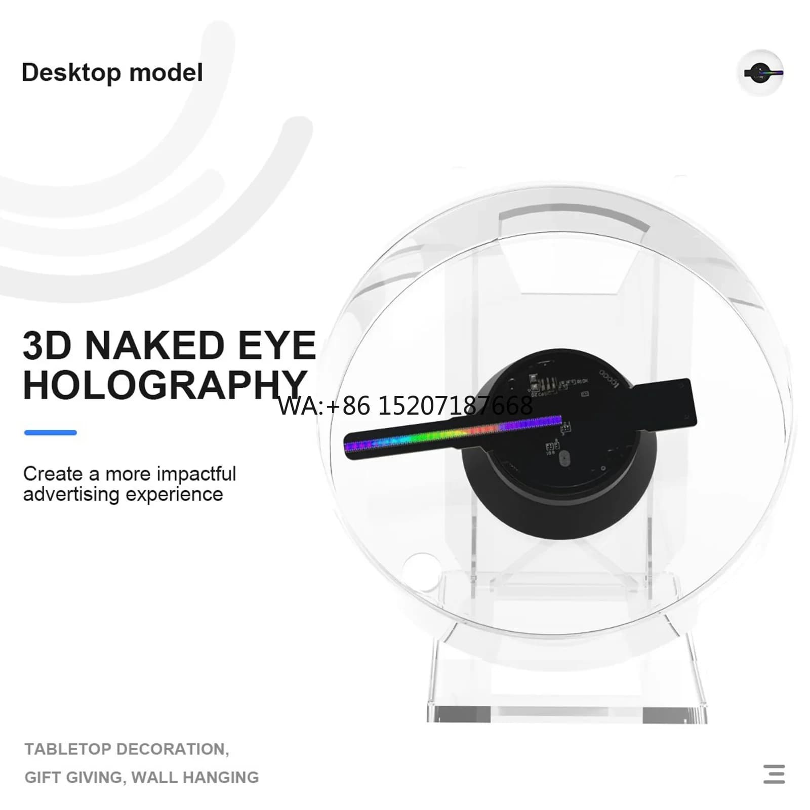 Schermo ventola modello desktop LED olografico 3D per la riproduzione audio pubblicitaria Copertura trasparente per apparecchiature pubblicitarie