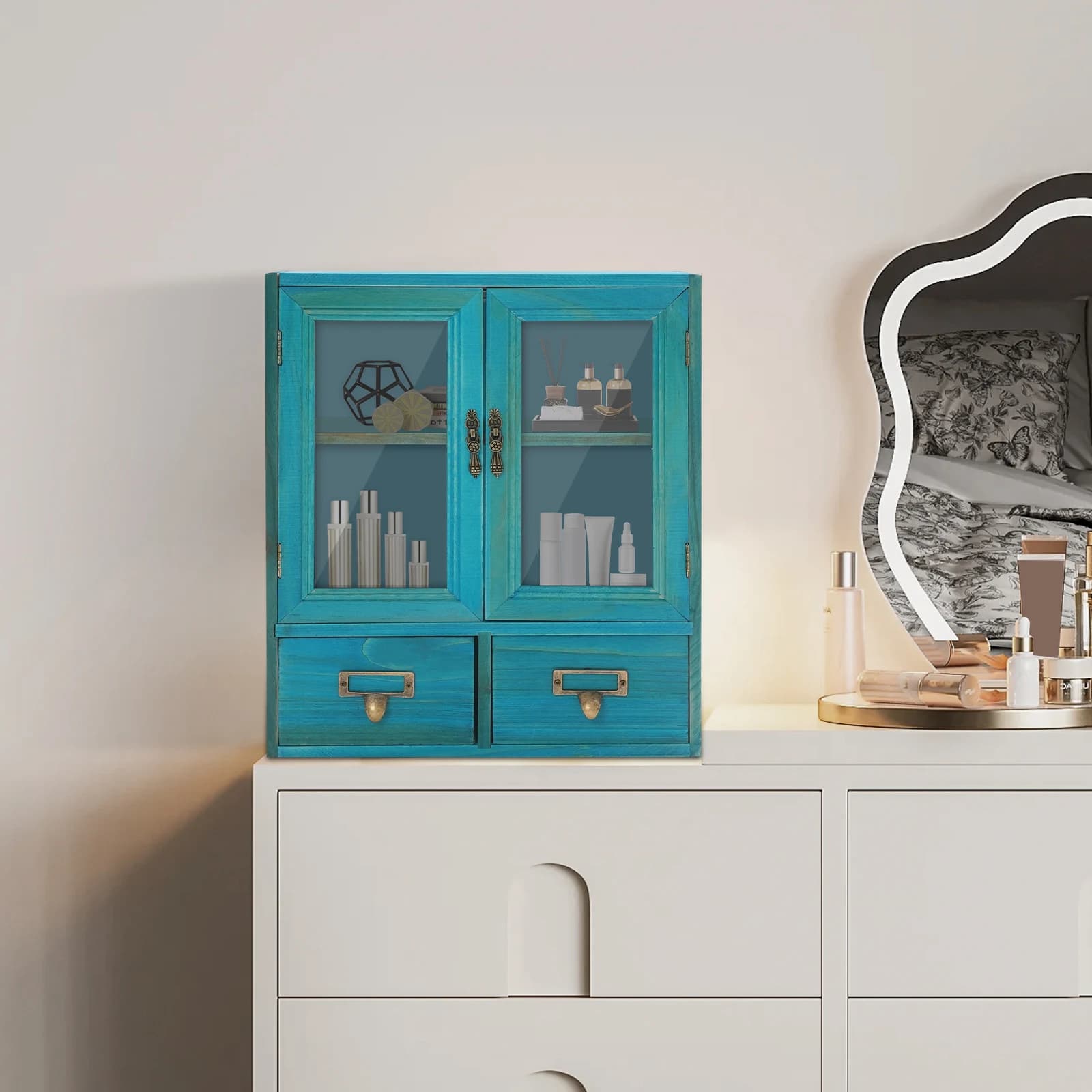 Armadietto portaoggetti in legno a 2 livelli con 2 cassetti e doppie ante, ripiano organizer compatto per ufficio, soggiorno, cucina, bagno