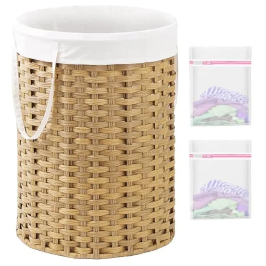Cesto Portabiancheria Rotondo in Rattan 110 L (29.1 Gal) Intrecciato a Mano Grande con Manici e Sacchi in Lino Rimovibili, Include 2 Sacchi in Rete