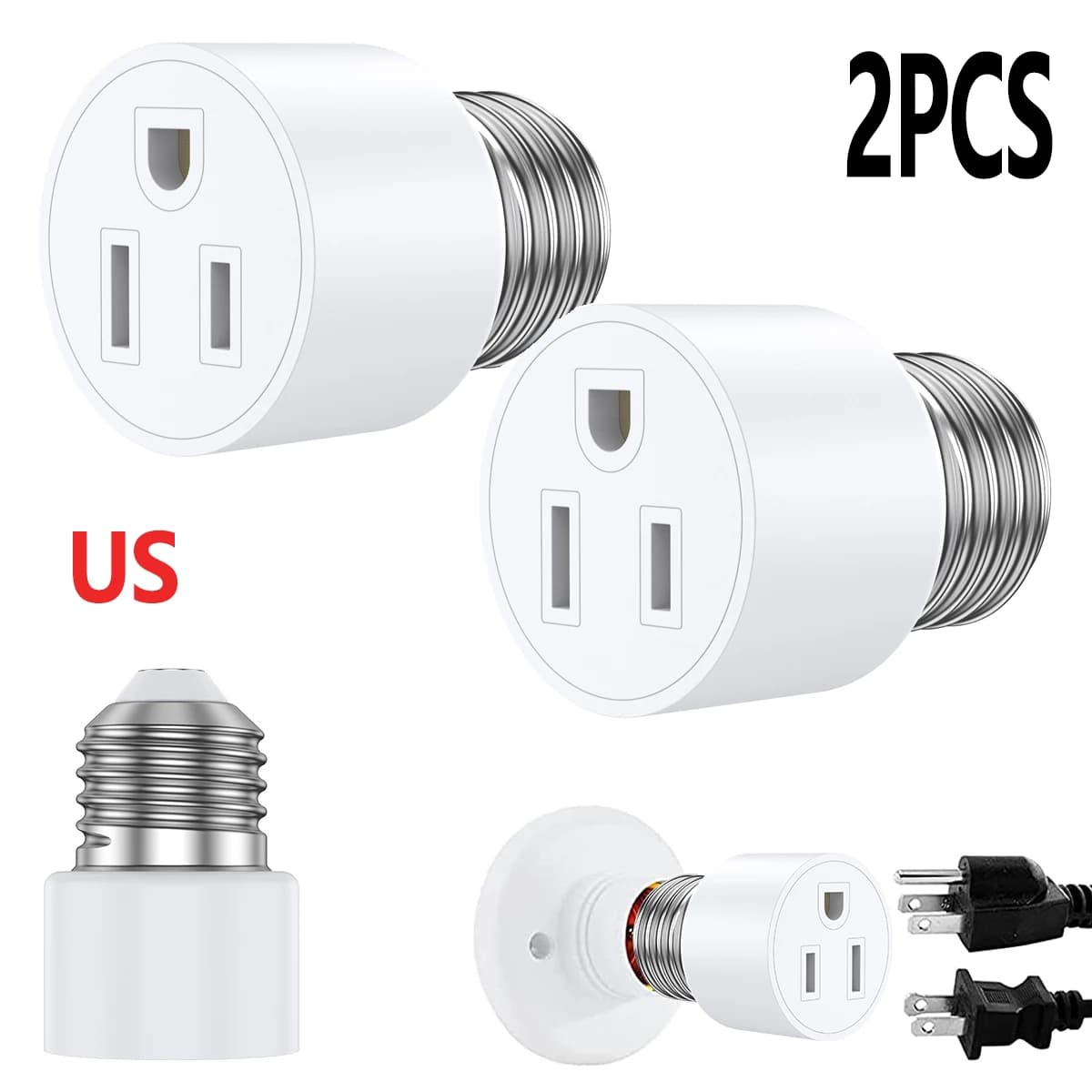 Presa luminosa per adattatore da viaggio universale da 2 pezzi 1250W spina per convertitore multifunzionale ignifuga E26/E27 resistente al calore