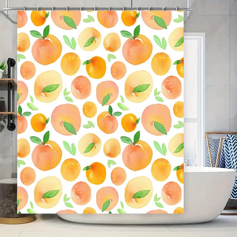 Tenda da doccia con frutta acquerello vibrante, tessuto stampato arancione pesca per decorazioni da bagno in sfondo bianco.