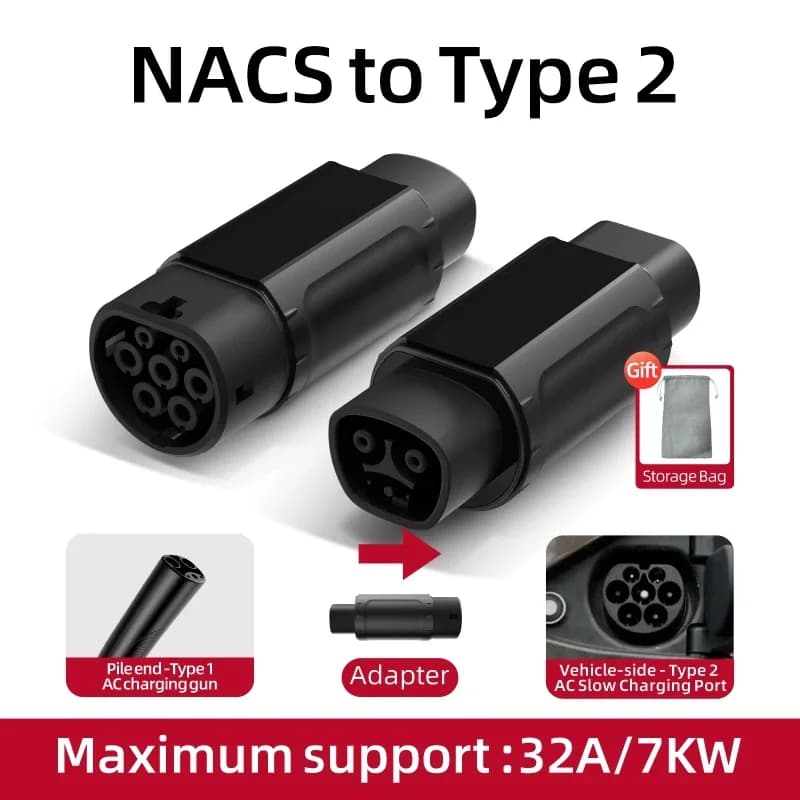 32A 7KW Electric Vehicle EV Charger Adapter NACS to Type 1 J1772/Type 2 IEC62196/GBT20234 Compatible Tesla Charging Connector