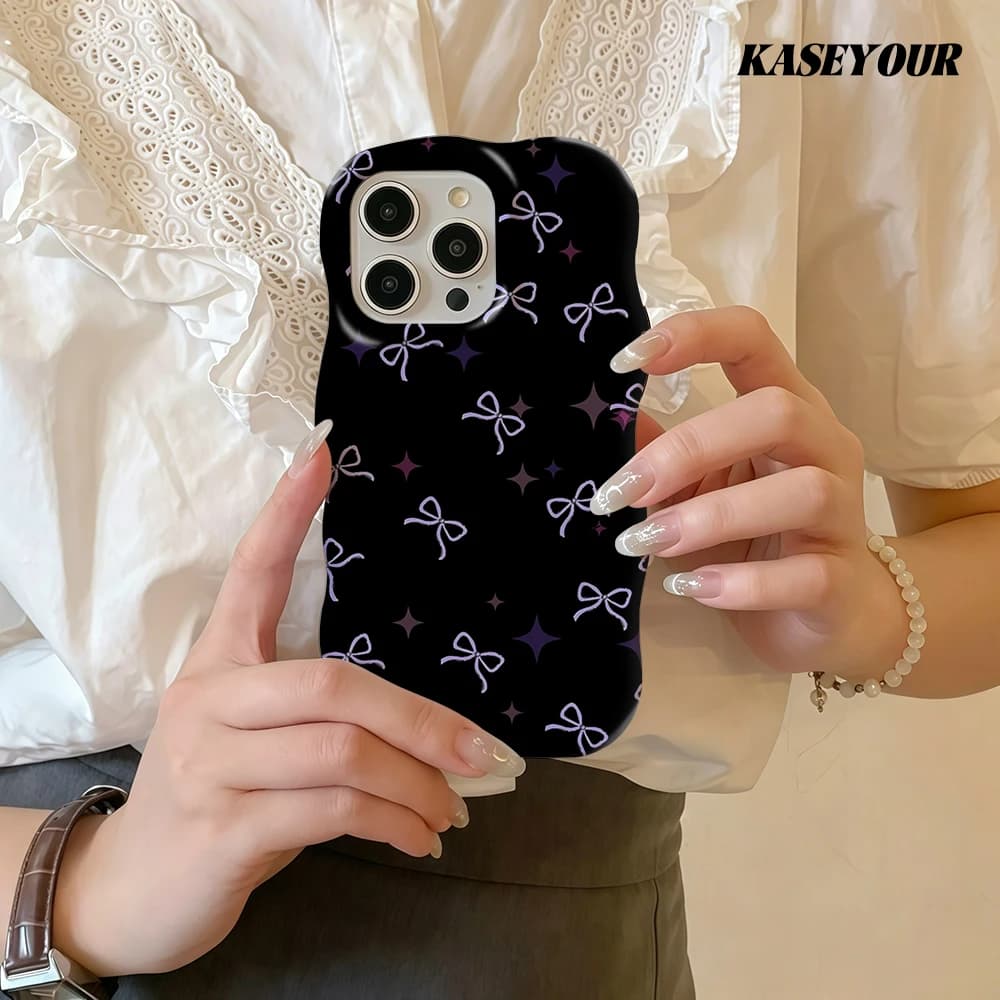 Custodia per telefono 2 in 1 lucida Lilac Bow Fashion per iPhone 13 14 15 16 17 Pro Max, cover posteriore rigida sottile con bordi ondulati