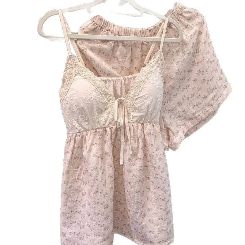 Women's Summer Sweet Small Floral V-Neck Lace Small Lace Short Sleeve Cloud Cotton Cover with Chest Pad Suspender Pajamas