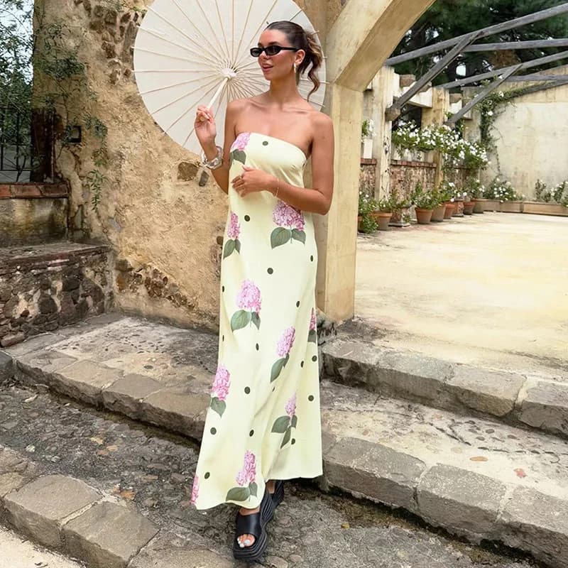 Abito elegante senza spalline con stampa floreale Abito lungo a trapezio allentato sexy con spalle scoperte Abito estivo con spalle scoperte Abito da donna elegante
