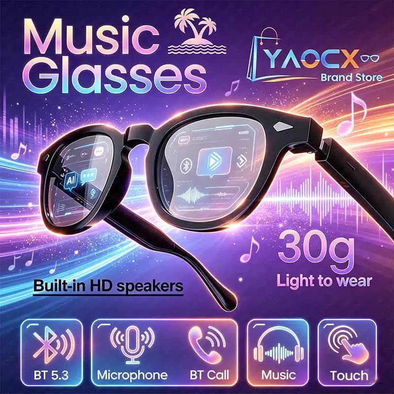 Occhiali Musicali con Funzione di Ascolto e Riproduzione, Traduzione AI, Altoparlante HD Integrato, Leggeri e Confortevoli (30g), Occhiali Intelligenti per la Musica