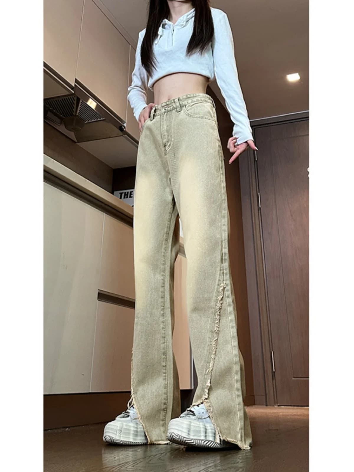 Jeans a Vita Alta Modellanti a Gamba Dritta da Donna, Stile Americano High Street, Strappati e Sfilacciati, Leggermente Svasati, per Primavera e Autunno
