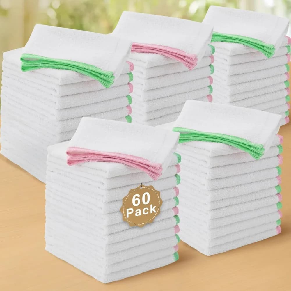 Confezione da 60 Panni in Cotone 12x12 per Pulizia, Spessi 500GSM, Inodori, Morbidi, Riutilizzabili, per Piatti e Bar, Verde con Bordo Rosa