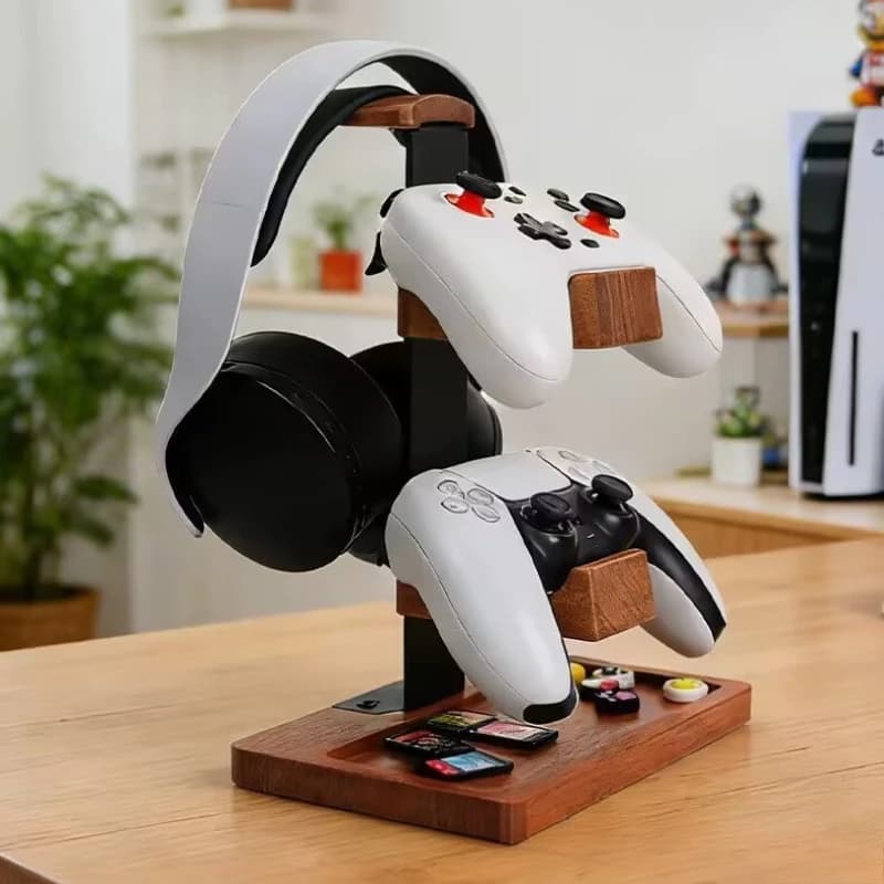 Natural Wood Gaming Headset Rack, Desk Stand Holder Organizer for Headphone & Controller, Creative Display Bracket for Desktop.