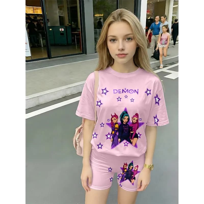 Set Casual 2 Pezzi T-shirt e Pantaloncini con Stampa Devil Girl Star, Ideale per Regali di Compleanno per Fan del K-Pop, Set Comodo e Traspirante