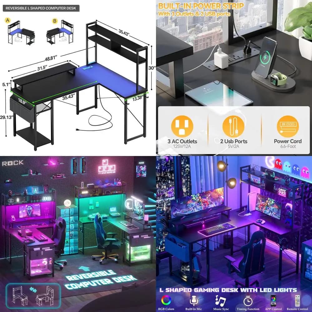 L gaming desk LED illuminated with Current and Support Monitor, Home Office Storage Solutions in Black