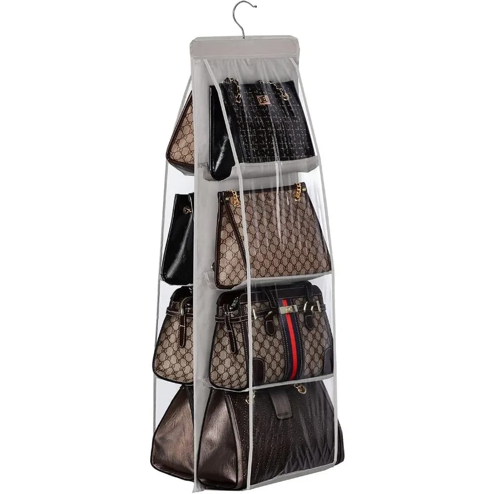 Large 8-Pocket Hanging Closet Organizer with Double Layer Fabric, Premium Storage System for Purses, Handbags, Wallets & Accessories, Space Saving Shelf Door Hanger, Sturdy Oxford Cloth, Grey, 39.37 x 13.38 Inches -