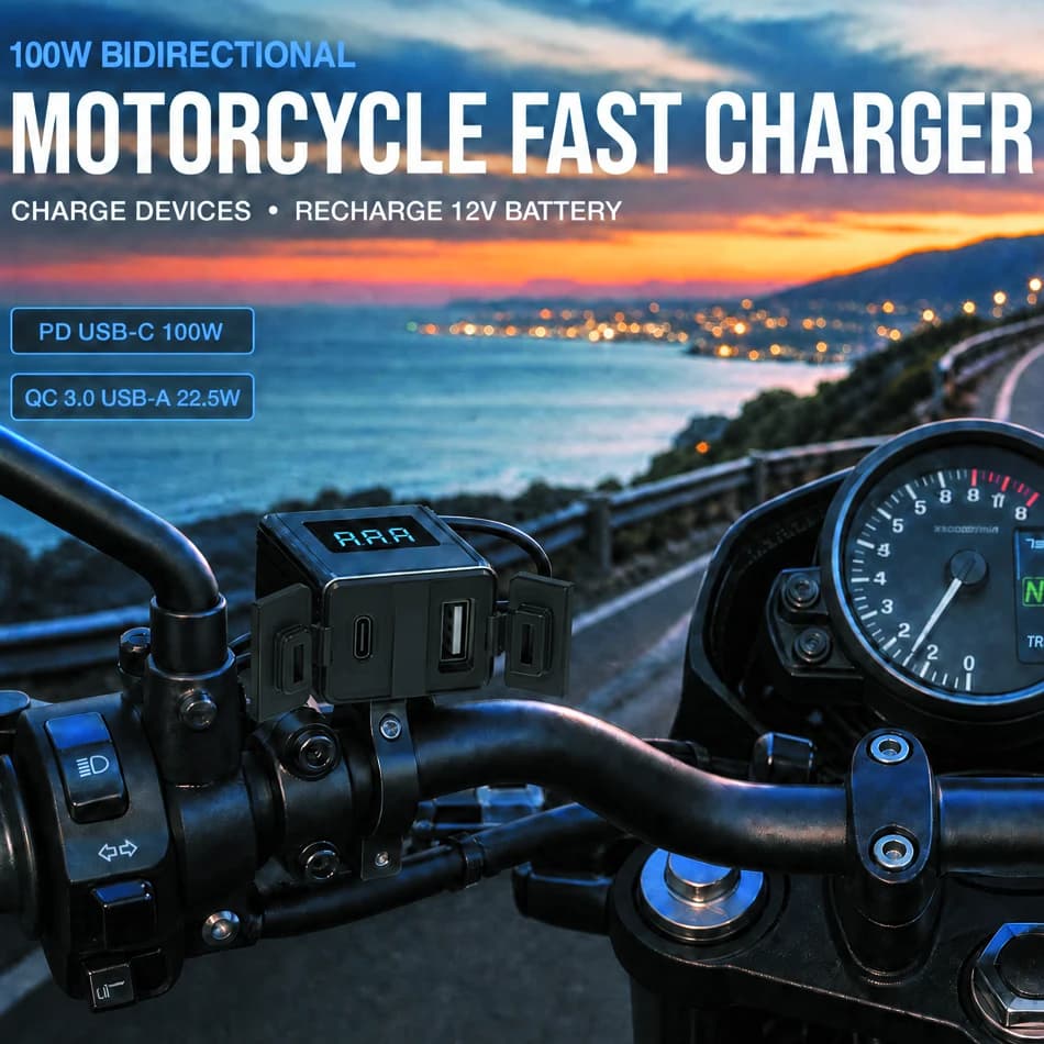 100W Dual-Port Motorcycle Charger, USB-C PD Fast Charge & USB-A QC3.0, 12V Battery Emergency Charging, LED Voltage Display, IP66 Waterproof Handlebar USB Adapter
