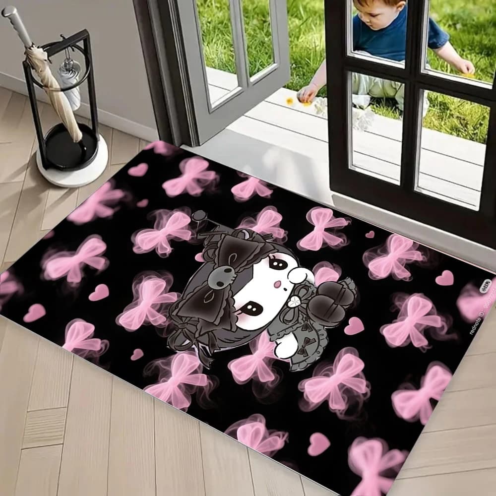Kuromi Area Rug Black Pink Bow Carpet Non Slip Floor Mat Gothic Cute Cartoon Print Washable Doormat for Kawaii Home Decor