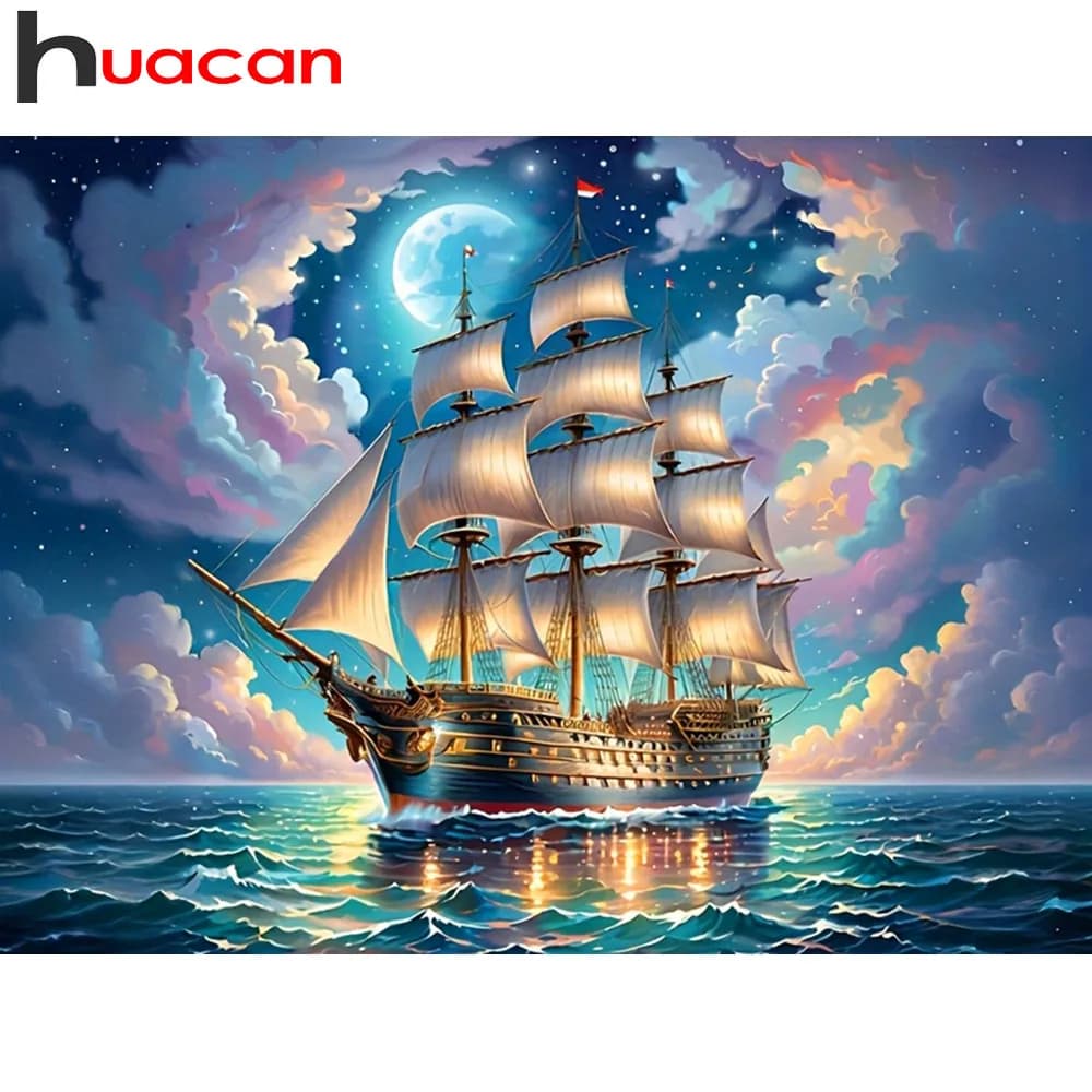 Huacan Pittura diamante rotondo quadrato pieno Luna Mare Barca a vela Diamante Mosaico Paesaggio Arte Dipinti decorativi