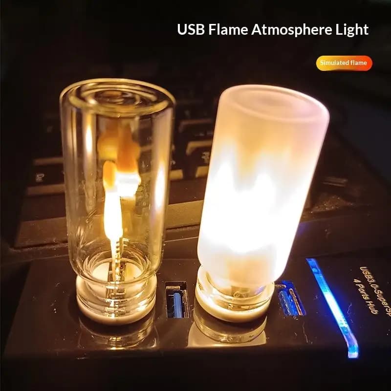 USB Flame Flickering LED Frosted Clear Glass Candle Night Light Simulated Flame For Car Home Room PC Festival Decoration