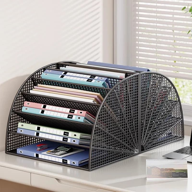 Fan Shaped Metal Folder Storage Rack Office Desk File Storage Box Desktop Multi-layer Storage Holder Vertical File Frame