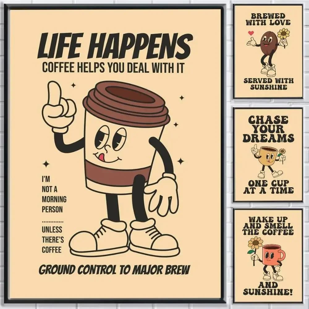 Retro Cartoon Coffee Beans Poster Self-adhesive Art Waterproof Paper Sticker Coffee House Bar Room Wall Decor