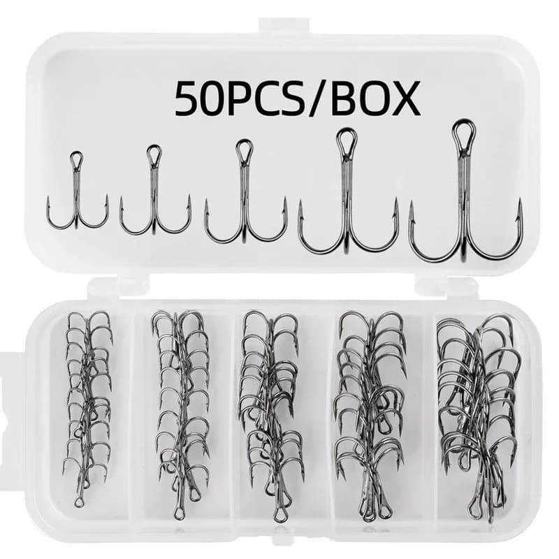 Double free flat rings, 50 pieces/box, set of triple hooks for fishing gear with artificial baits and soft baits.