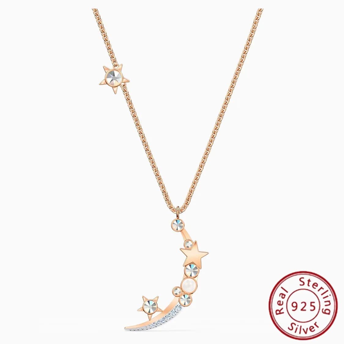 Collana in Argento Sterling S925 con Ciondolo a Doppia Faccia 'Notte Stellata' e 'Linguaggio del Miele' per Donne, Catena con Cristalli a Forma di Luna e Stelle