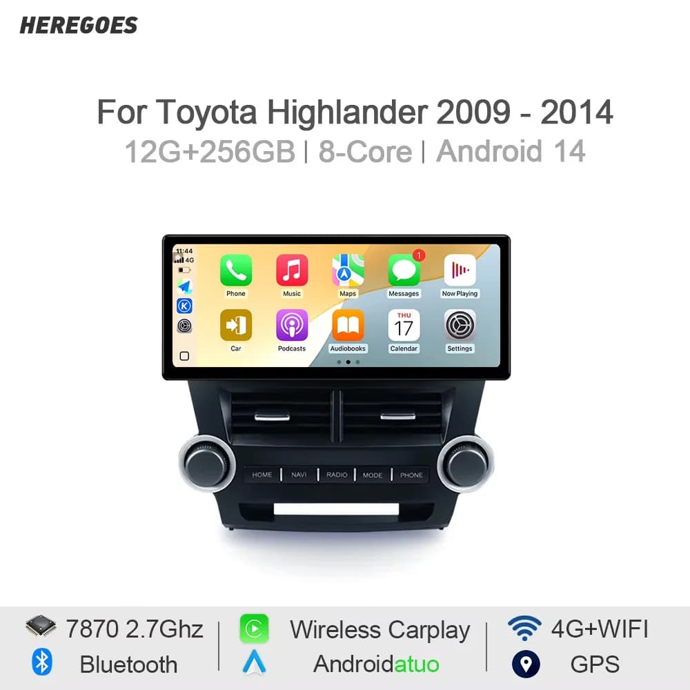 Carplay Auto Android 14 Lettore per auto Navigazione GPS 12 + 256GB Stereo Wifi Bluetooth Autoradio per Toyota Highlander 2009 - 2014