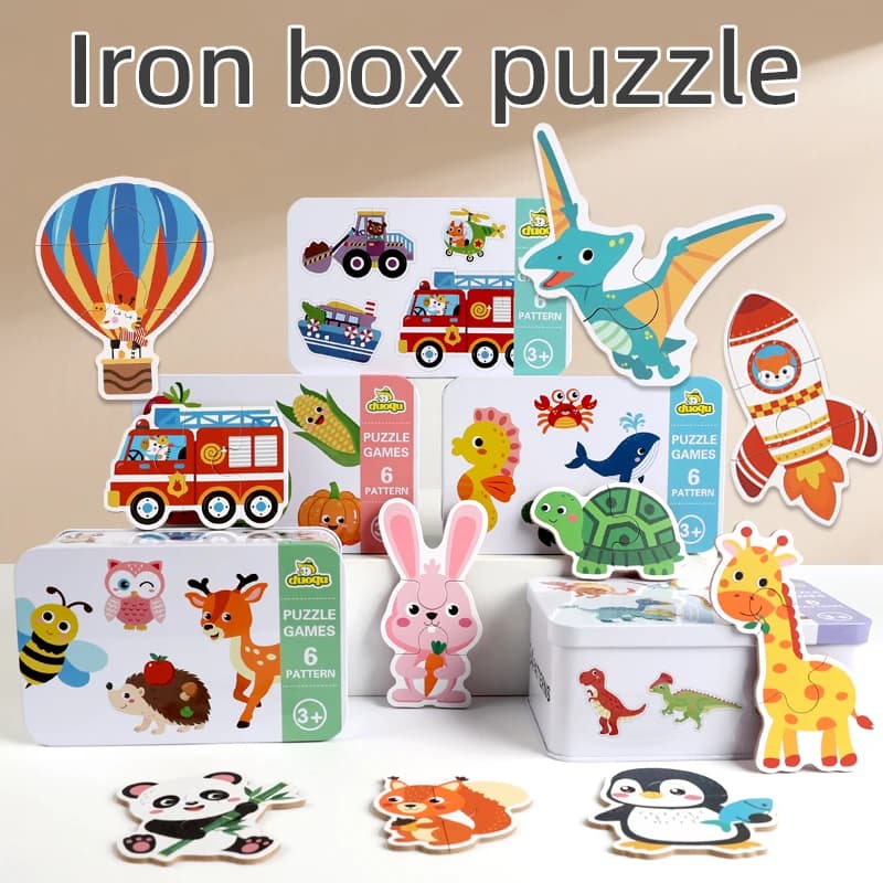 Scatola di ferro Puzzle in legno Puzzle per bambini Traffico di animali Giochi di abbinamento di frutta Giocattoli educativi Montessori Regali per bambini Ragazze Ragazzi