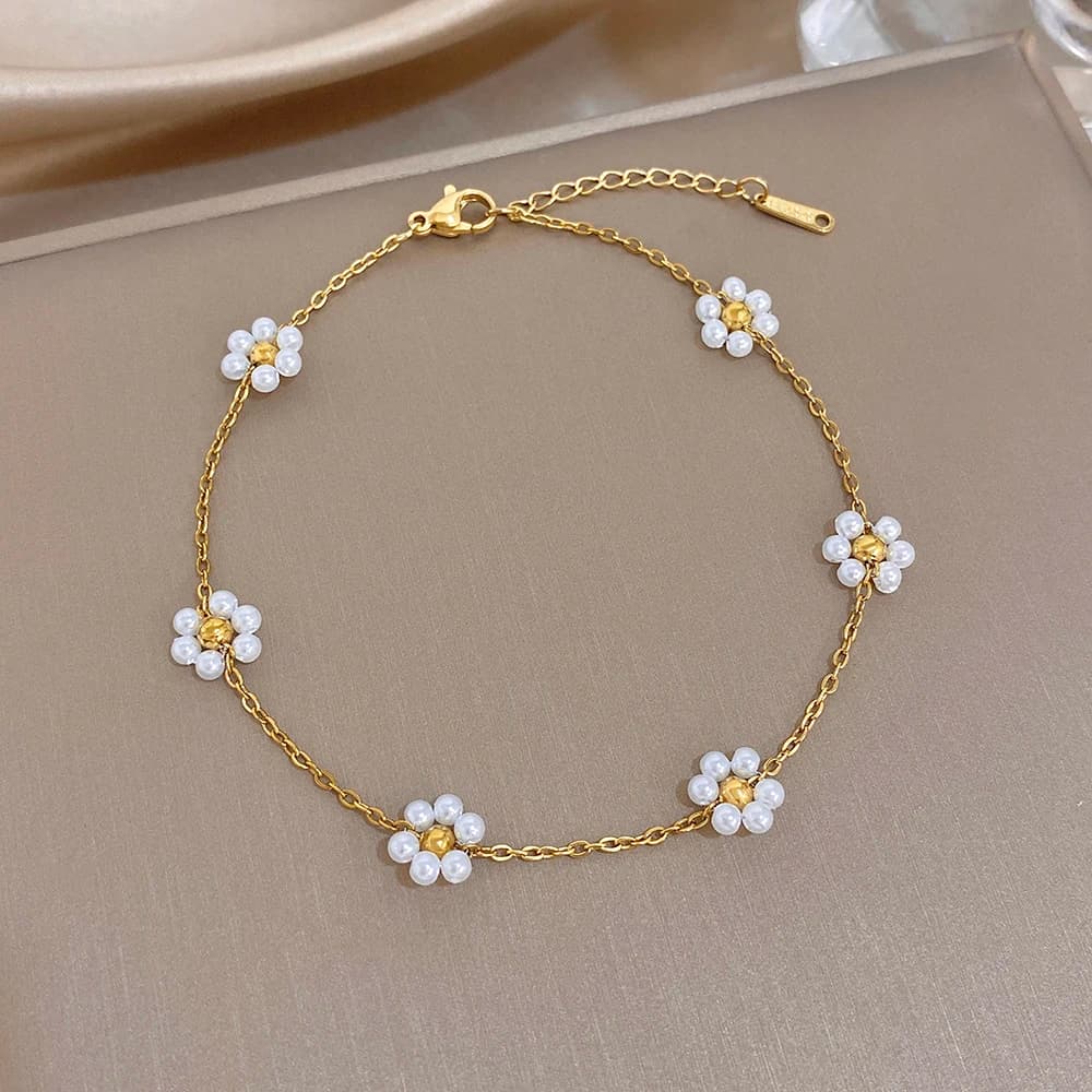 Elegante Braccialetto Intrecciato con Perline e Fiori per Donne, Gioielli in Acciaio Inossidabile Placcato Oro, Regalo di Moda
