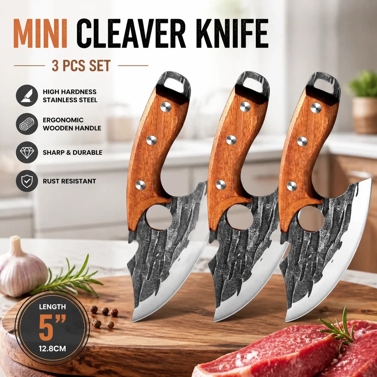 Set di 3 coltelli da disosso forgiati mini con apribottiglie in acciaio inossidabile e custodia per coltello, ideali per affettare, cucina e barbecue