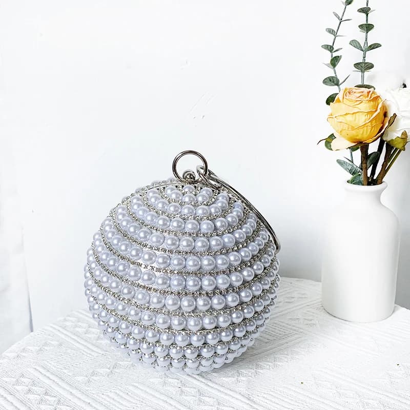 Borsa a sfera di perle di lusso di alta moda Bling borsa da sera rotonda con strass di cristallo borsa da donna con pochette da festa in argento glitterato