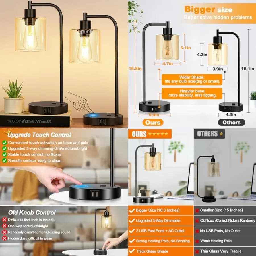 Set di 2 Lampade da Tavolo Industriali con Controllo Touch, 2 Porte USB e Presa AC - Lampada da Comodino Nera Dimmerabile a 3 Livelli