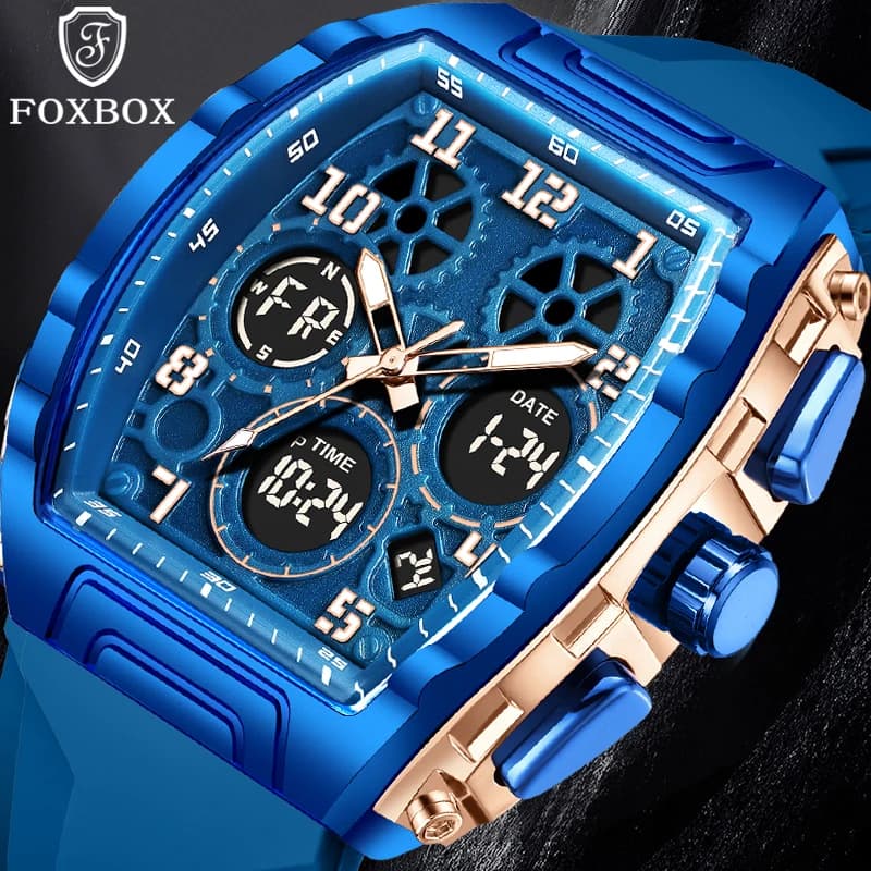 FOXBOX Nuovo Orologio di Lusso in Silicone Blu per Uomo, Orologio da Polso Elettronico Quadrato con Retroilluminazione LED, Cronografo Impermeabile