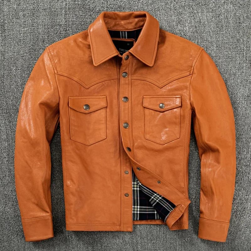 Giacca in pelle di pura pelle di pecora alla moda stile coreano Giacca da uomo in pelle con camicia corta slim fit in misto vegetale arancione