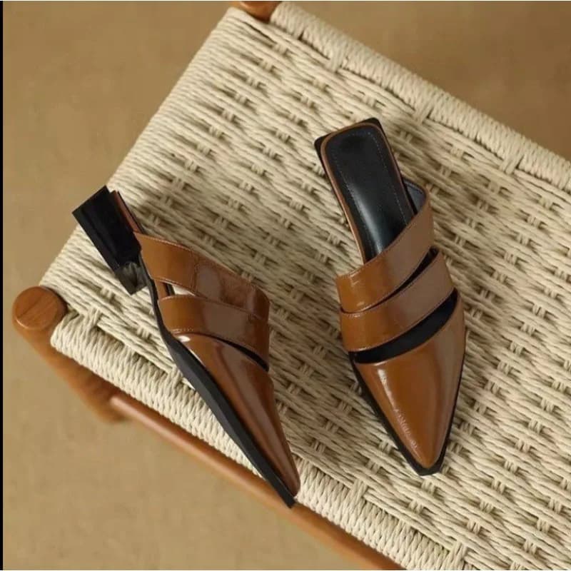 YNPO 2026 New French Chunky Heel Pointed Toe Mule Slippers Women Fashion Spring Summer Retro Shoes Scuff Slippers