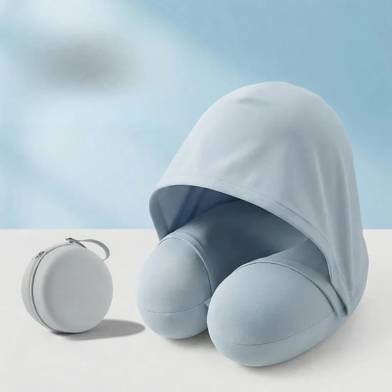 Cuscino da viaggio a forma di U con cappuccio in seta ghiacciata, portatile, per auto, aereo, ufficio, riposo e sonno - 1 pz