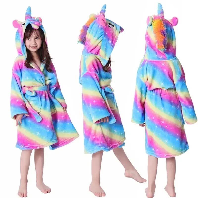 Children Colar Fleece Unicorn Hooded Bathrobe Kugurumi Animal Nightwear for Girls Boys Pigiama