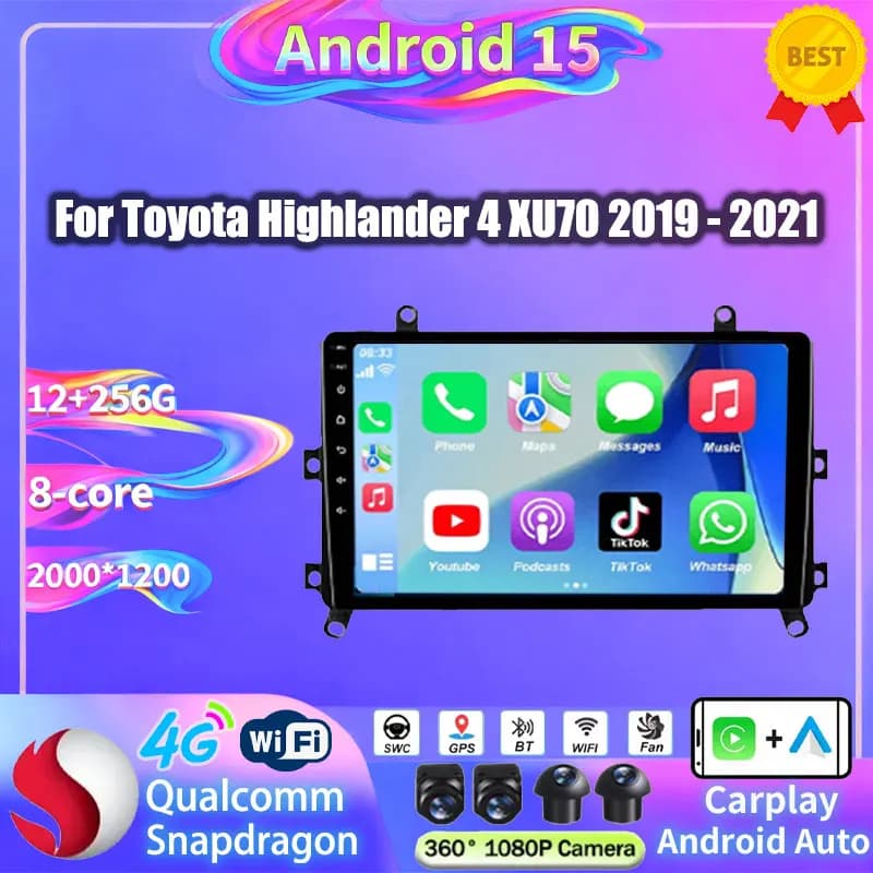 Android 15 For Toyota Highlander 4 XU70 2019 2020 2021 Car Radio Multimedia Video Player Wireless Carplay Head Unit Octa Core BT