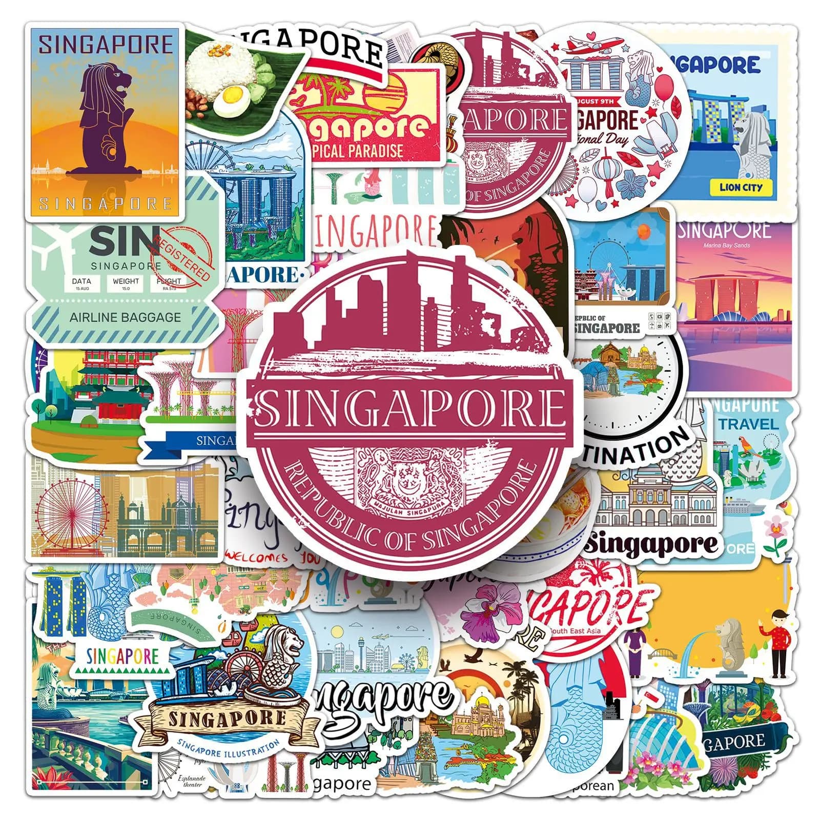 50pcs Singapore Stickers Travel Theme Decal Set for Scrapbook Notebook Phone Laptop DIY Craft Decoration Sticker