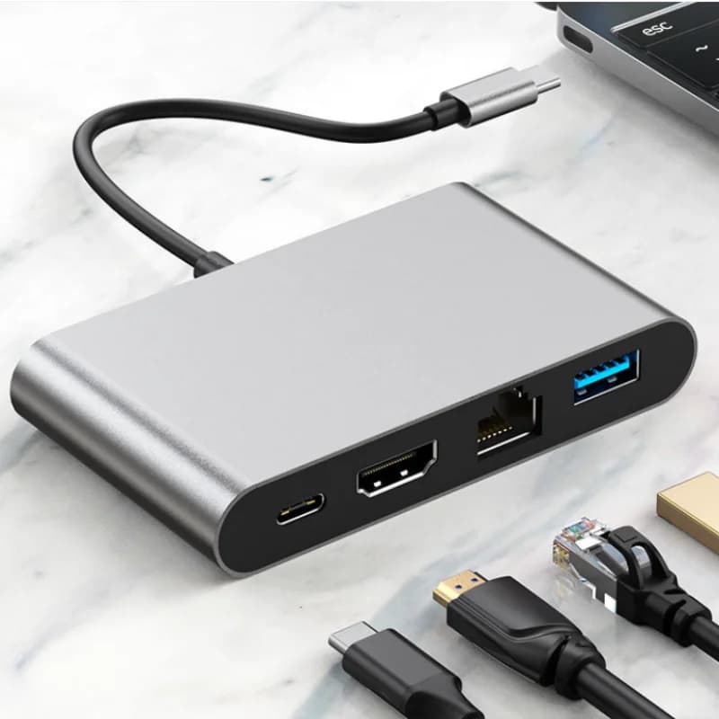 4 in 1 USB Type-C to HDMI 4K+ RJ45 Gigabit Ethernet Network Card + Type-C PD OTG Hub Adapter Cable for MacBook USB-C Splitter