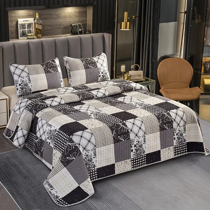 Set Copriletto Trapuntato con Stampa Effetto Spazzolato, 3 Pezzi, Grigio Patchwork Stampato