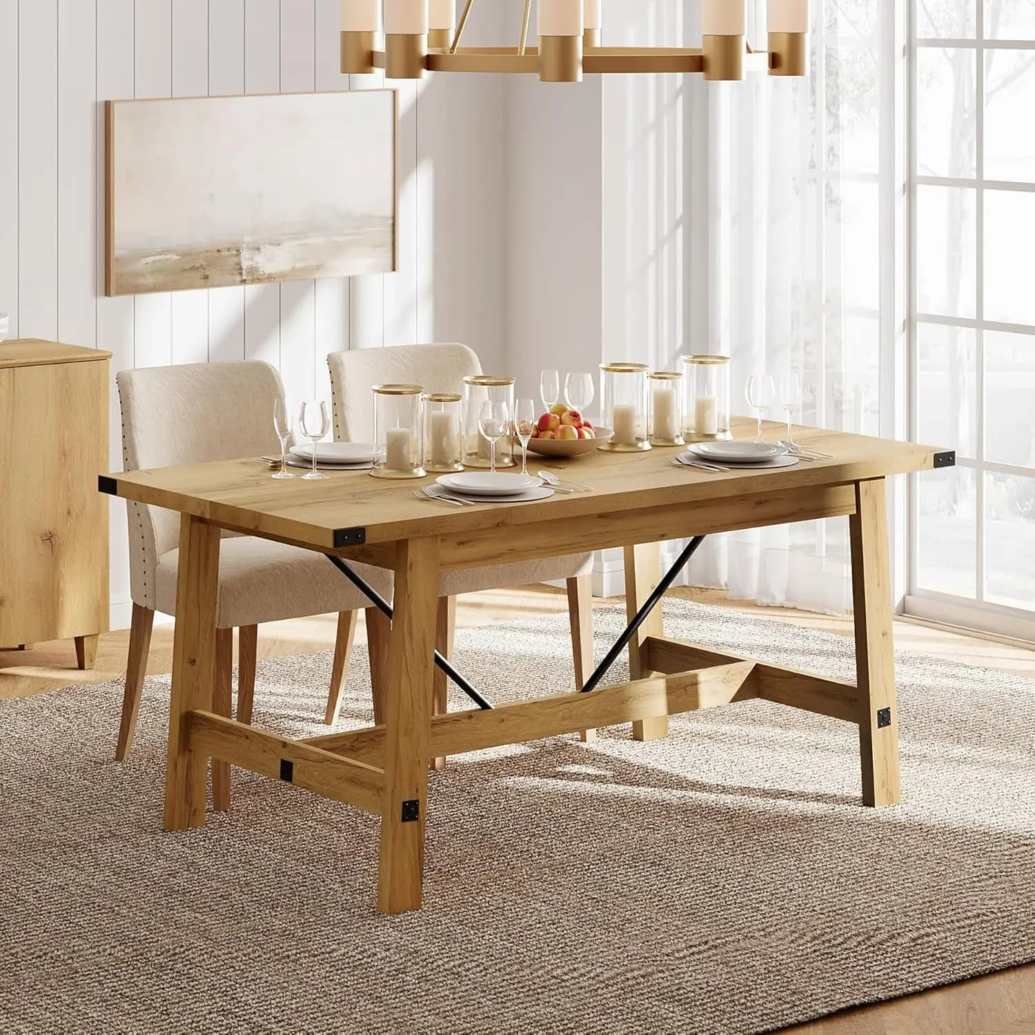 Tavolo da Pranzo Stile Fattoria per 4-6 Persone con Gambe in Legno Robuste, Tavolo da Cucina Moderno Rettangolare in Legno da 172 cm, Personalizzabile