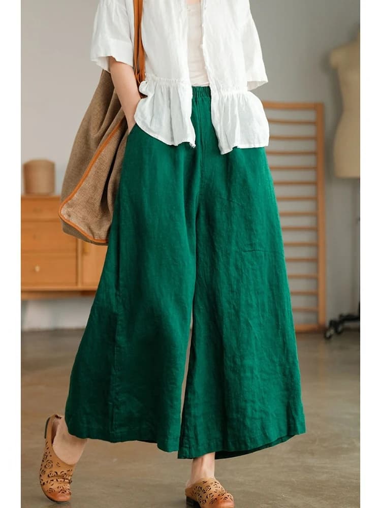 Summer Casual Oversize Pants Cotton Hemp Wide Leg Trousers Solid Loose Women Pants High Waist Korean Fashion Ankle Length Pants