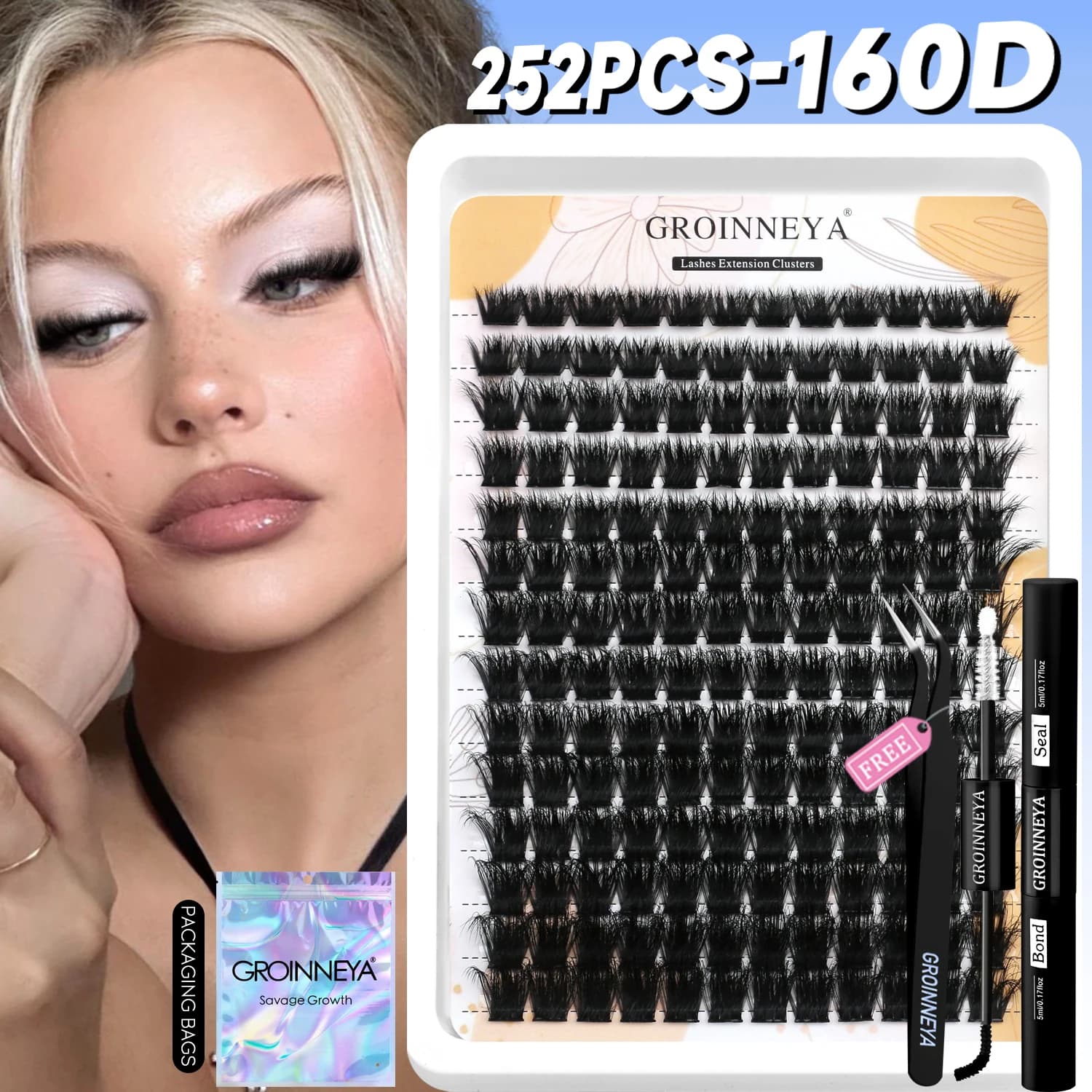 GROINNEYA Kit ciglia a grappolo Soffici ciglia individuali Volume Vassoio misto Ciglia finte visone Estensione ciglia Trucco