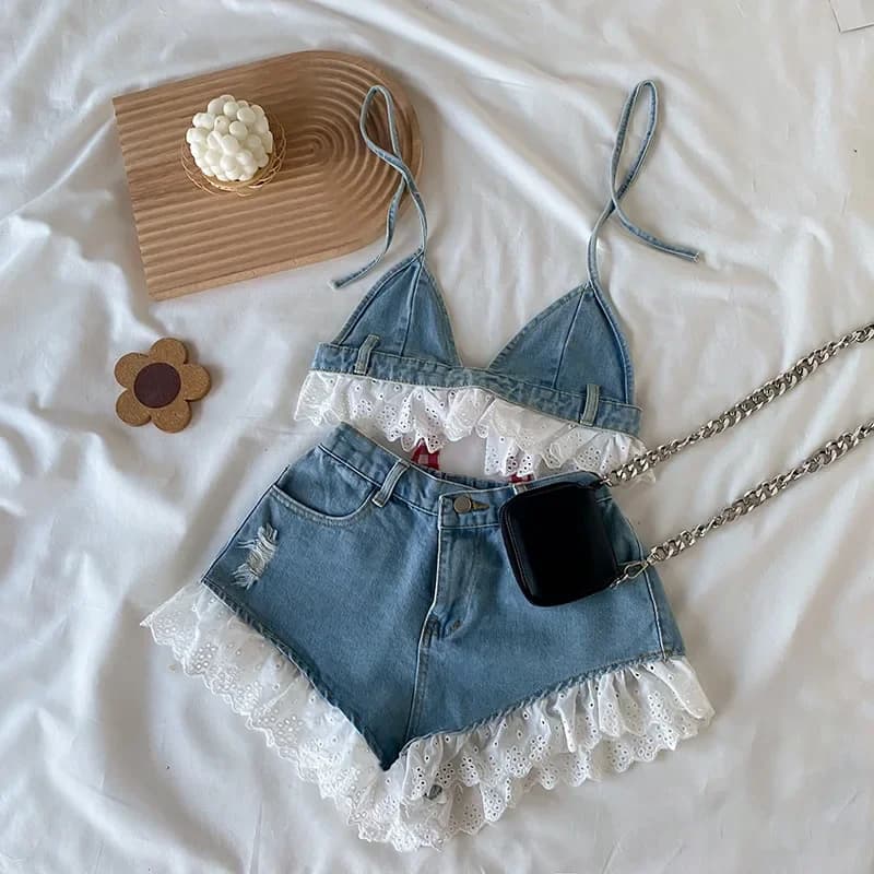 3-16 Years Teenagers Set of Summer Dresses Short Sleeveless Denim Shirts + jeans shorts Kids Clothing Pants for Kids Girl Dresses