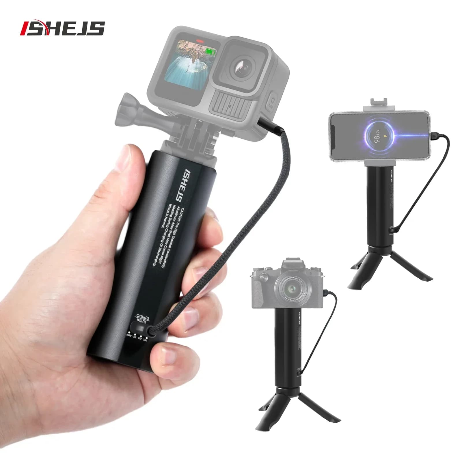 ISHEJS handle for smartphones Camera mirrorless Action Camera, Power Bank 5000mAh, Selfie rechargeable multifunction
