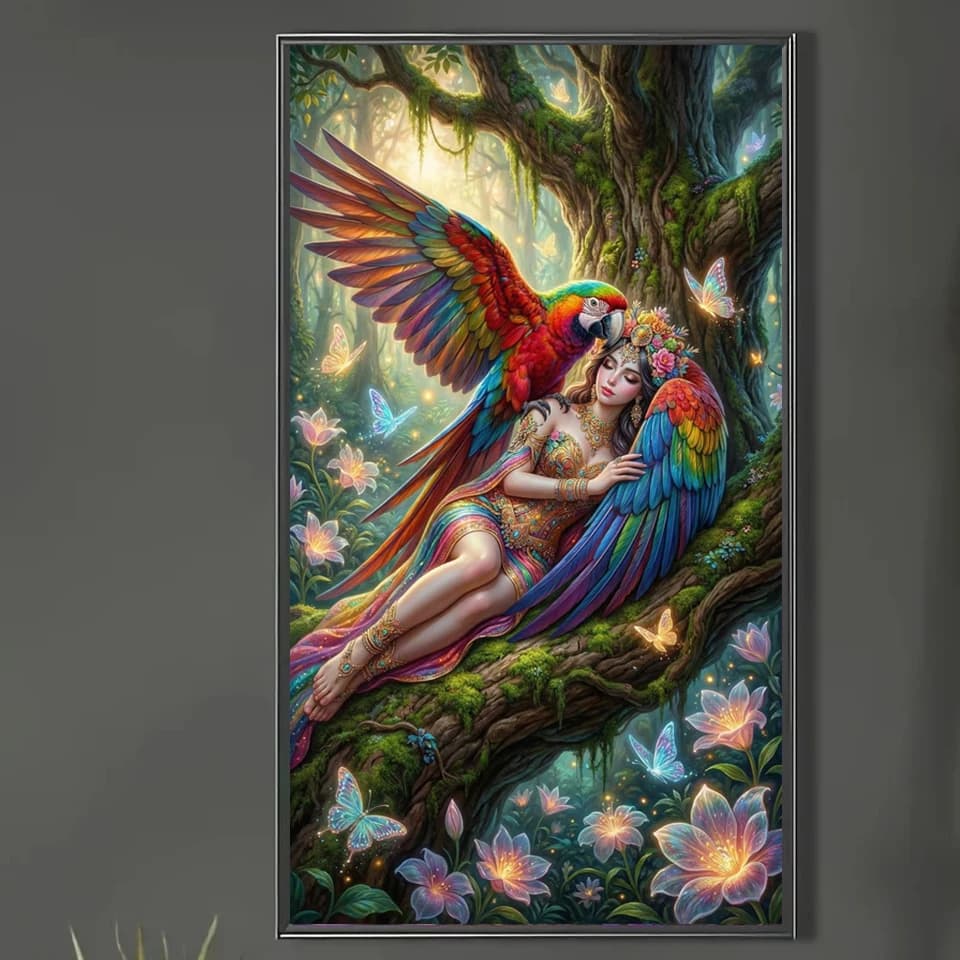Kit Pittura Diamante 5D Fai da Te: Dea della Foresta Fantastica e Pappagallo Macaw - Mosaico Artistico Completo con Diamanti, Punto Croce per Decorazione Murale Domestica e Regalo